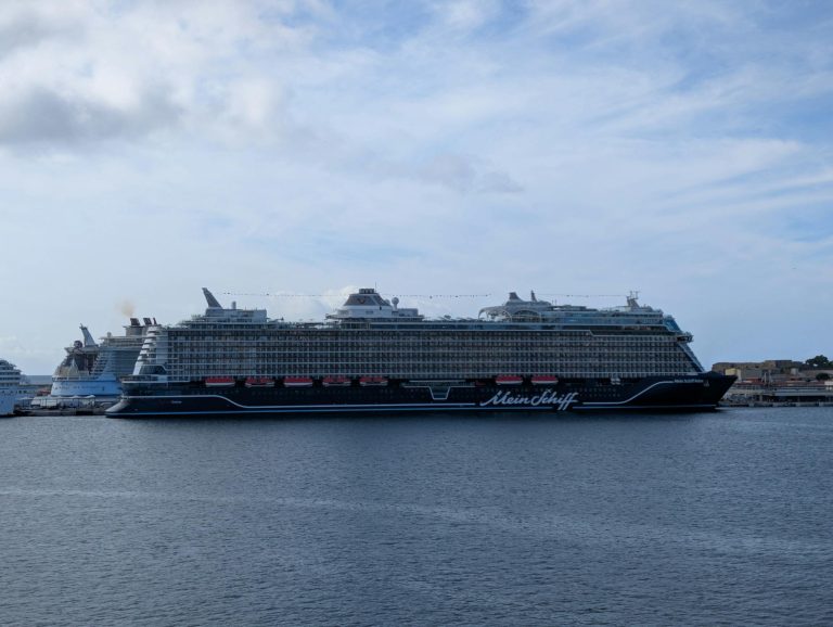 Scenic view of cruise ships docked at Palma Harbor, Balearic Islands, on a clear day.