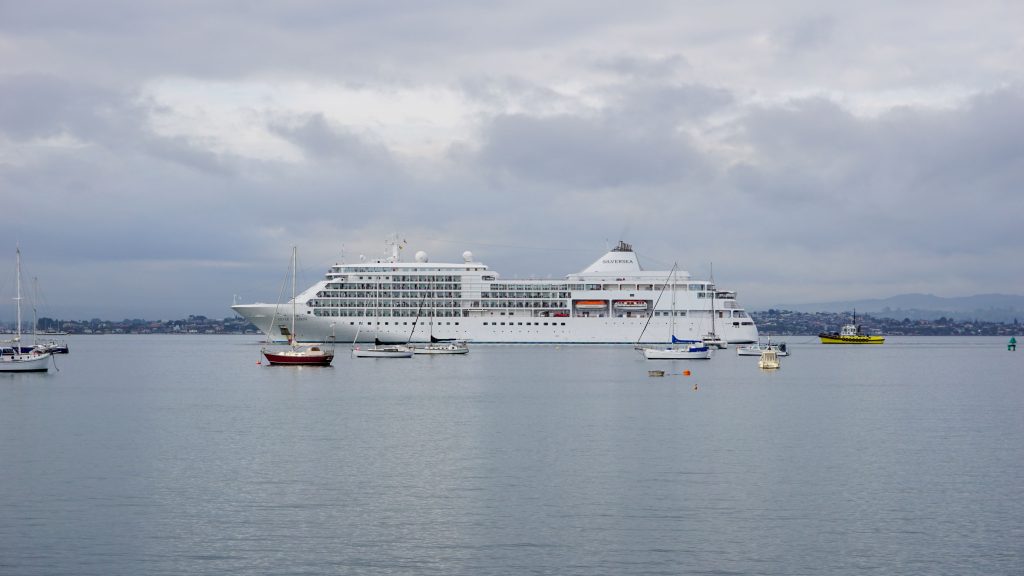 A full starboard side profile view of the white luxury cruise ship Silversea Silver Shadow floating in a calm New Zealand bay under a cloudy sky, with several small sailboats anchored in the foreground.
