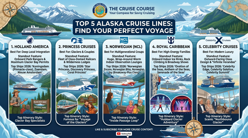 Infographic by The Cruise Course showing the top 5 Alaska cruise lines for 2026: Holland America Line, Princess Cruises, Norwegian Cruise Line (NCL), Royal Caribbean, and Celebrity Cruises, including their standout features and top ships.