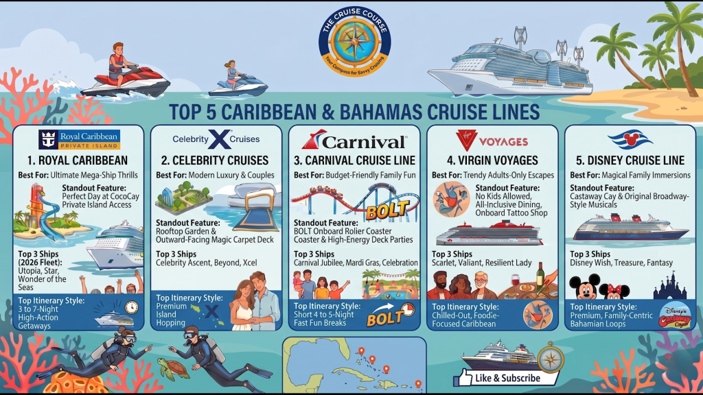Infographic by The Cruise Course showing the top 5 Caribbean & Bahamas cruise lines for 2026: Royal Caribbean, Celebrity Cruises, Carnival Cruise Line, Virgin Voyages, and Disney Cruise Line, including their standout features and top ships.