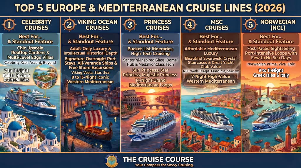 Infographic by The Cruise Course showing the top 5 Europe & Mediterranean cruise lines for 2026: Celebrity Cruises, Viking Ocean Cruises, Princess Cruises, MSC Cruises, and Norwegian Cruise Line (NCL), including their standout features and top ships.