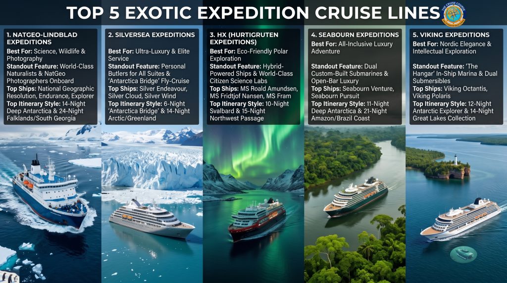 Infographic by The Cruise Course showing the top 5 exotic expedition cruise lines for 2026: NatGeo-Lindblad Expeditions, Silversea Expeditions, HX (Hurtigruten Expeditions), Seabourn Expeditions, and Viking Expeditions, including their standout features and top ships.