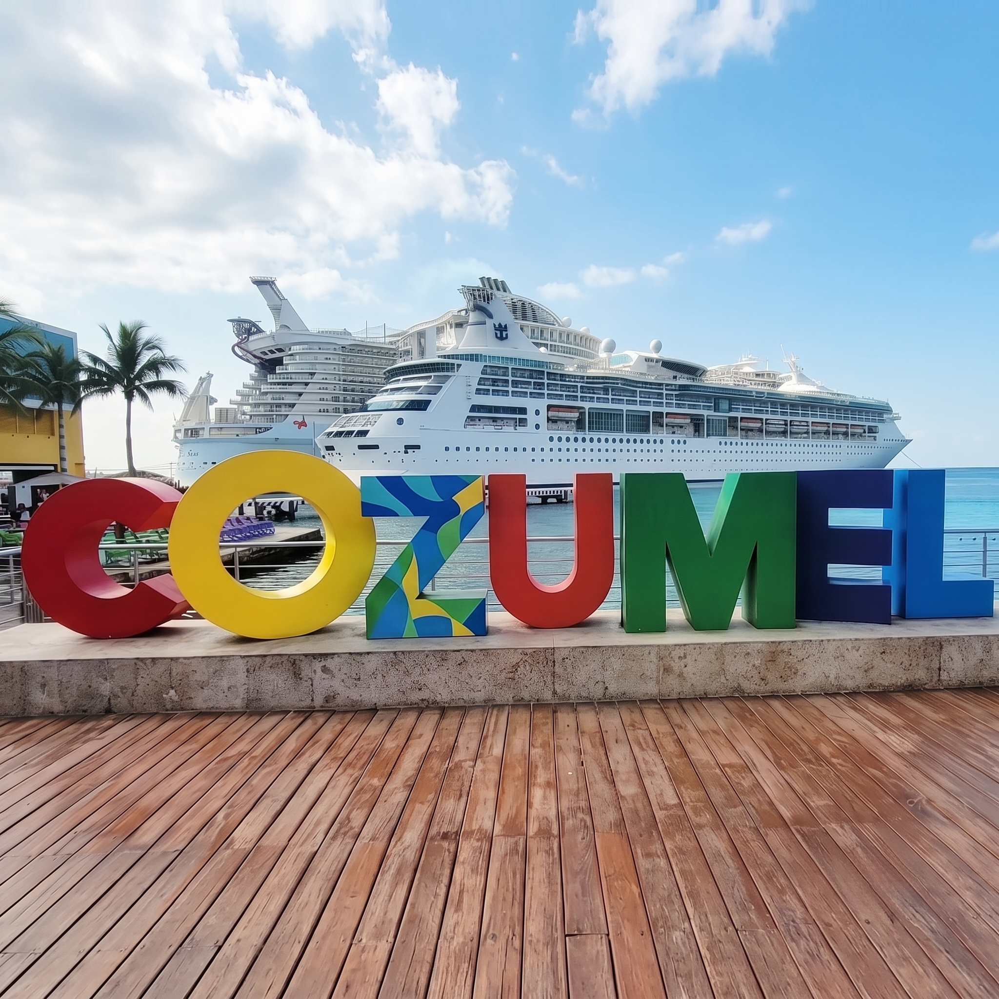 The colorful Cozumel port sign on a wooden pier with Royal Caribbean's Rhapsody of the Seas and the larger Harmony of the Seas docked in the background.