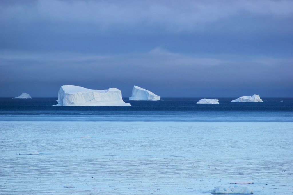 A wide, atmospheric view of multiple white tabular icebergs drifting along a dark blue ocean horizon line under a heavy, moody blue and gray polar sky in Antarctica.